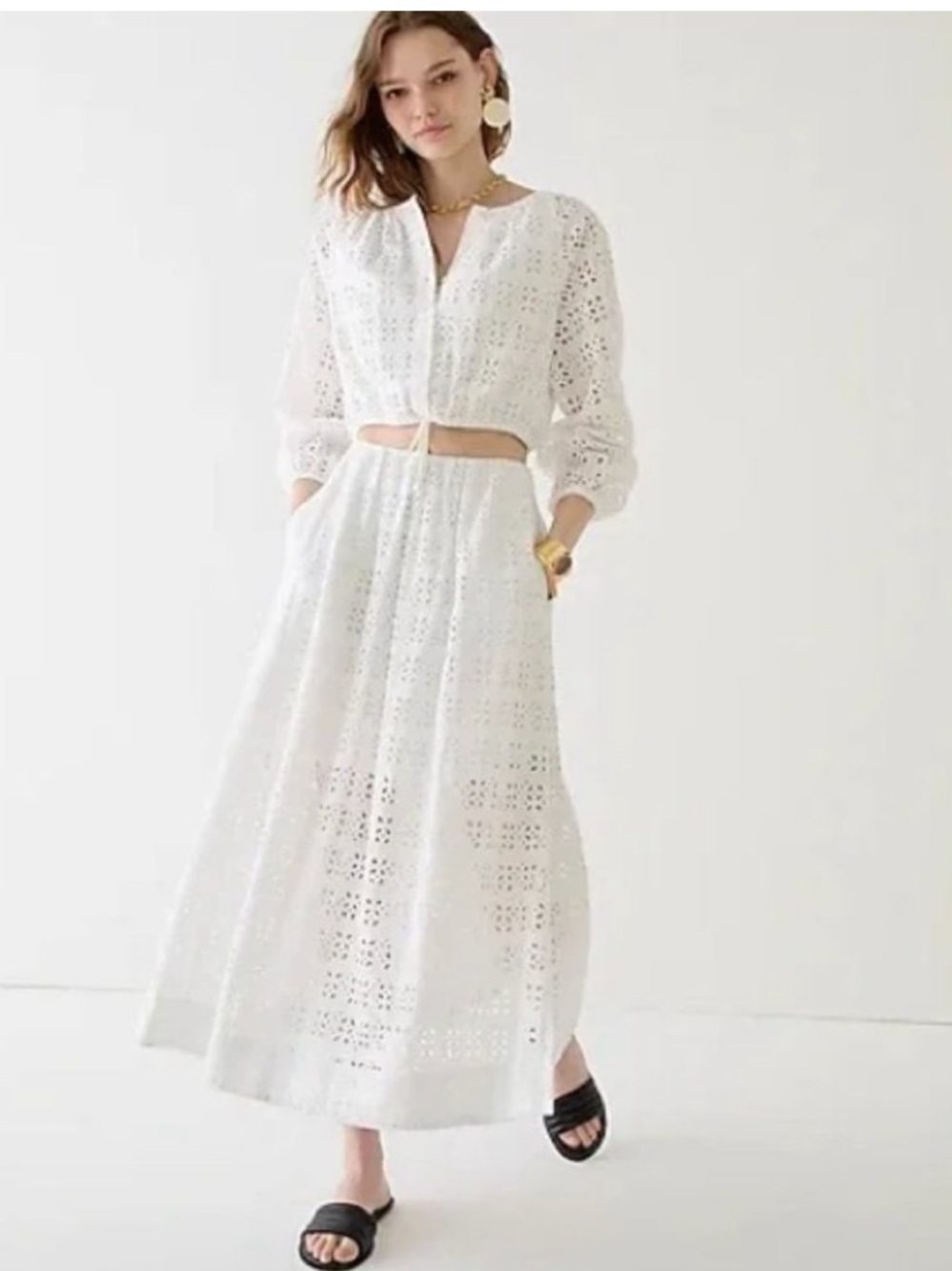 NWT J.Crew Linen maxi skirt in eyelet-BI743-side slits-pockets-white